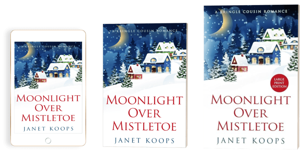 Book Cover for Moonlight Over Mistletoe in ebook, print, and large print editions. Click to purchase.
