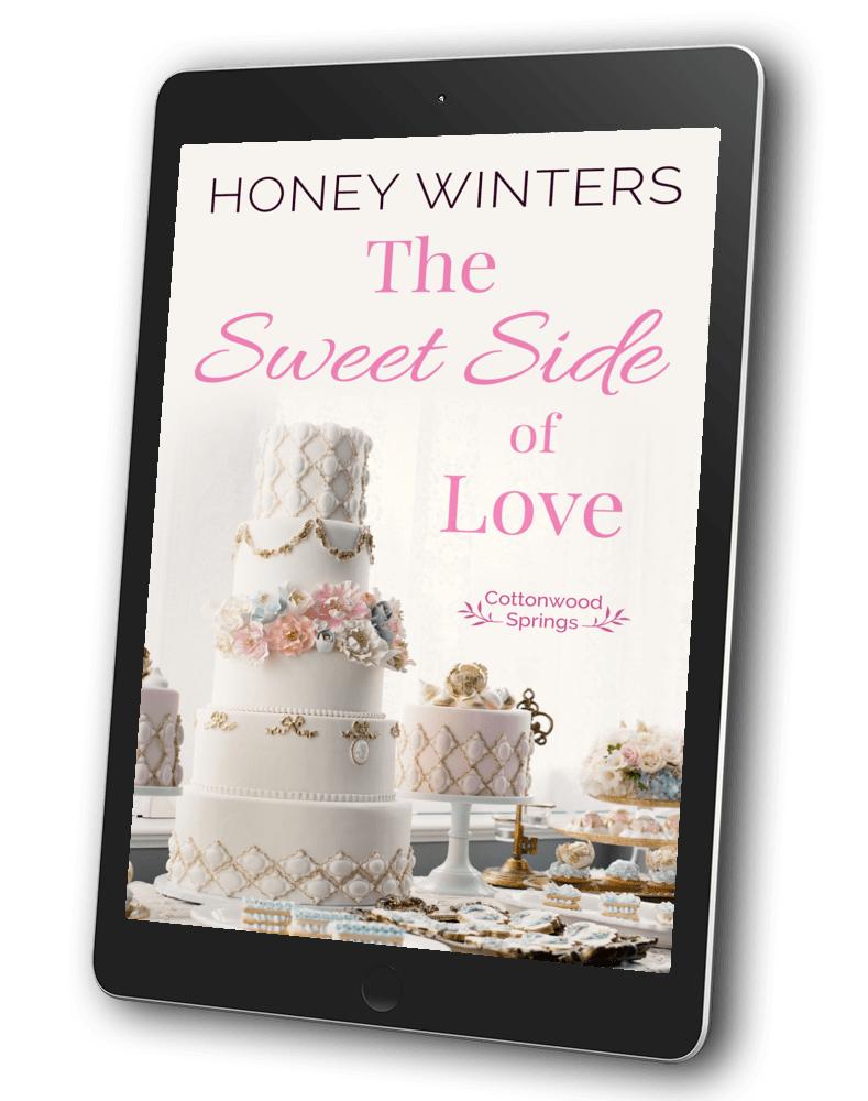 Book cover for The Sweet Side of Love by Honey Winters. A wedding dessert table, including a 5 tier wedding cake.