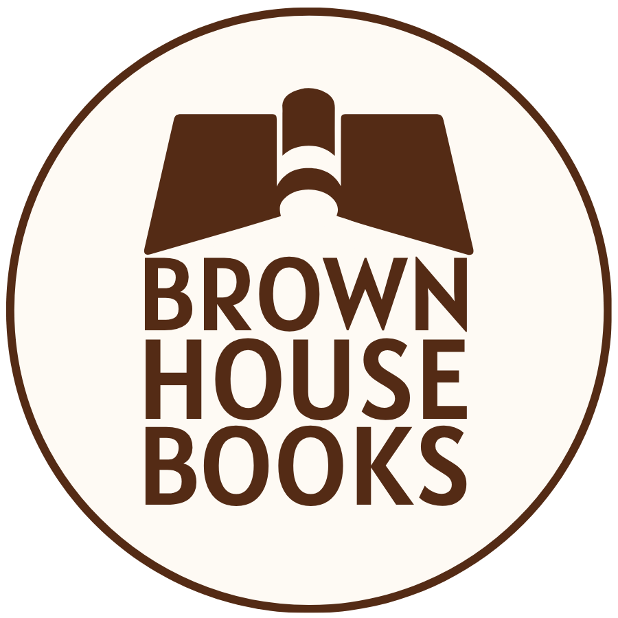 Logo for Brown House Books. Text with an upside down book representing a roof